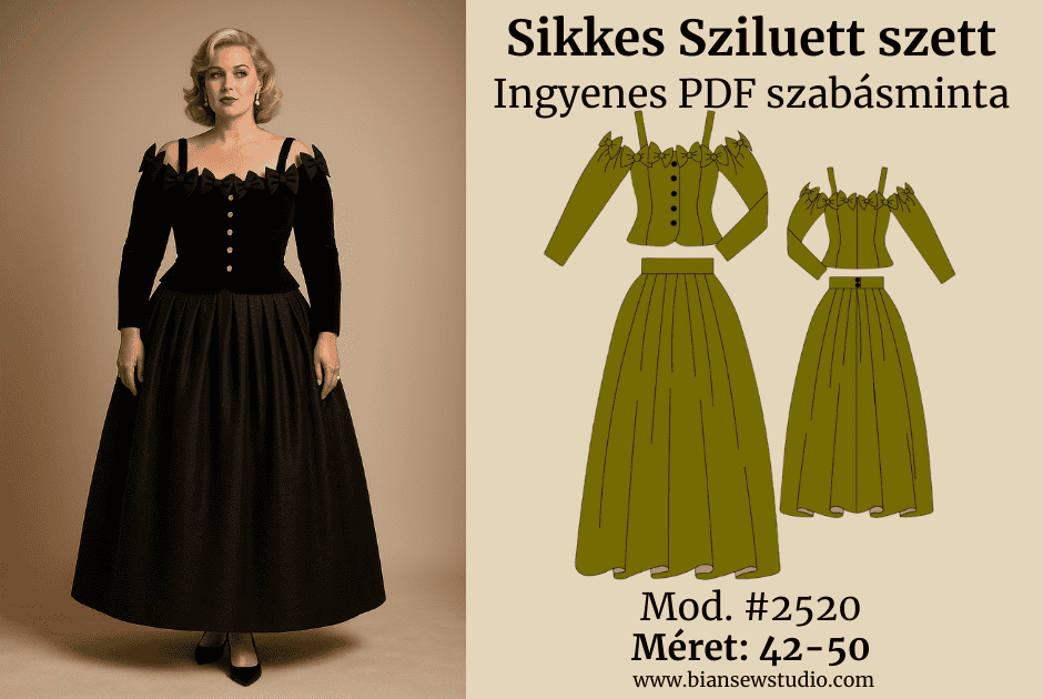 Fotó modellről, aki a Sikkes Sziluett szett viselik a bemutatáshoz. Mellette látható a kabát szabásminta rajza. A képen szerepel a felirat: Sikkes Sziluett szett, Ingyenes szabásminta, #2520 Méret: EU 42–50 / US 12–20.