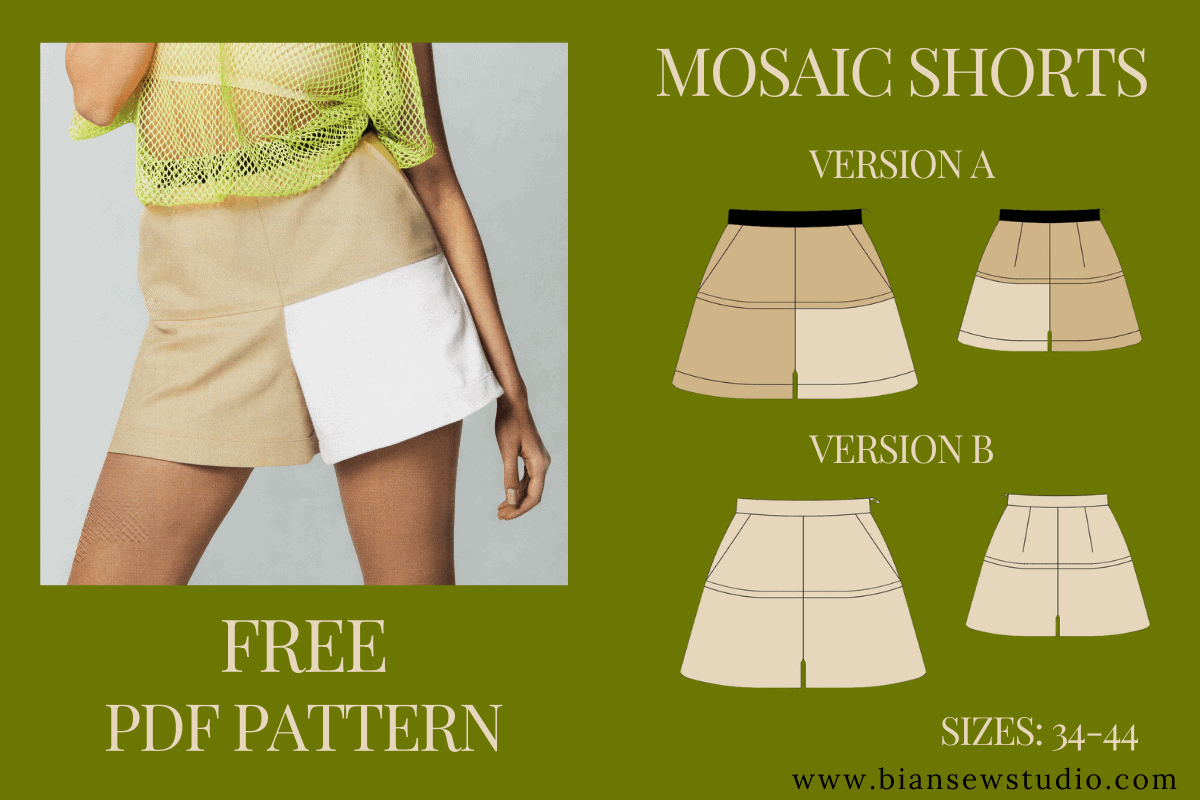 Woman wearing handmade color-blocked Mosaic Shorts with pockets