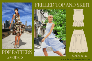 Model wearing handmade ruffled top and skirt with self-fabric belt