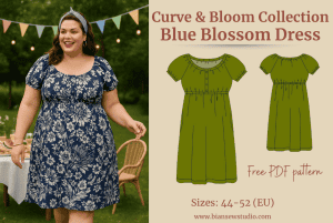 Plus size woman wearing the Blue Blossom Dress at a garden party