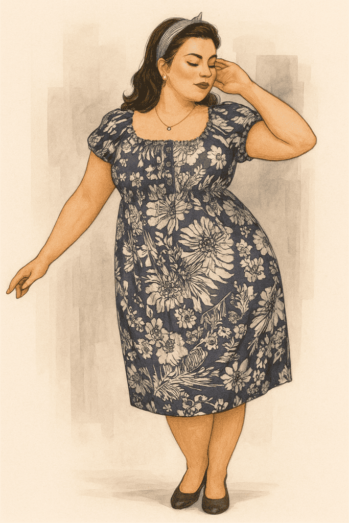 Fashion illustration of the Blue Blossom Dress – a romantic A-line summer dress for curvy women.