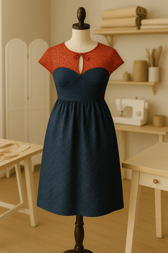 Lily Breeze Dress on a mannequin in a sewing studio – featuring a red lace bodice, shaped bust, and flared blue skirt. Free PDF sewing pattern for sizes 44–52 EU.