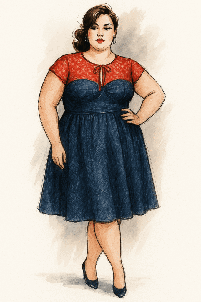 Fashion illustration of a plus-size woman wearing the Lily Breeze Dress with red lace bodice and blue A-line skirt – part of the Curve & Bloom Collection.