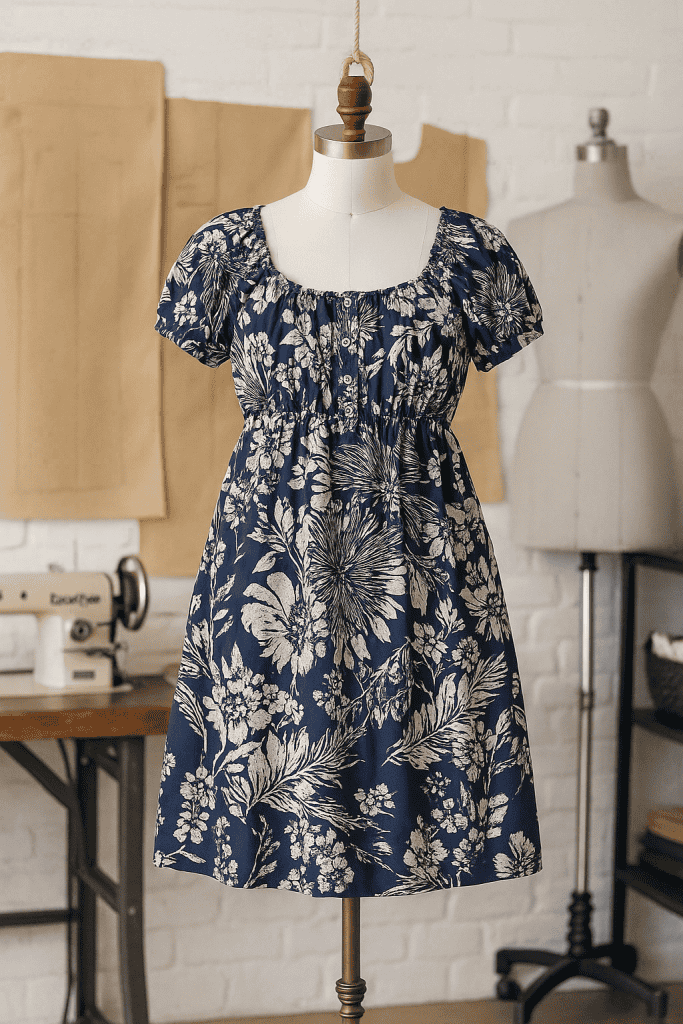 The Blue Blossom Dress displayed on a dress form – free plus size summer dress sewing pattern with off shoulder option.