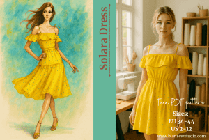 Model wearing the handmade yellow Solara Dress with tiered skirt – free summer sewing pattern from Bian Sew Studio
