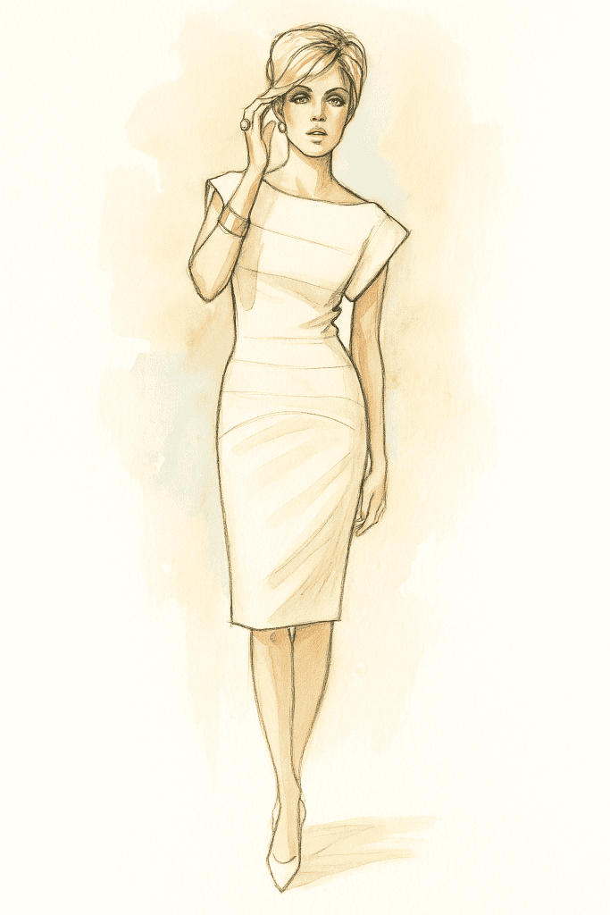 Fashion illustration of the Curve Dress sewing pattern with soft curved lines