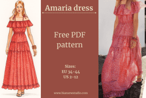 Main image: “Amaria Dress – Summer maxi dress with carmen blouse neckline and ruffles”