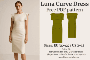 Curve Dress free sewing pattern – photo and fashion sketch of elegant petite dress