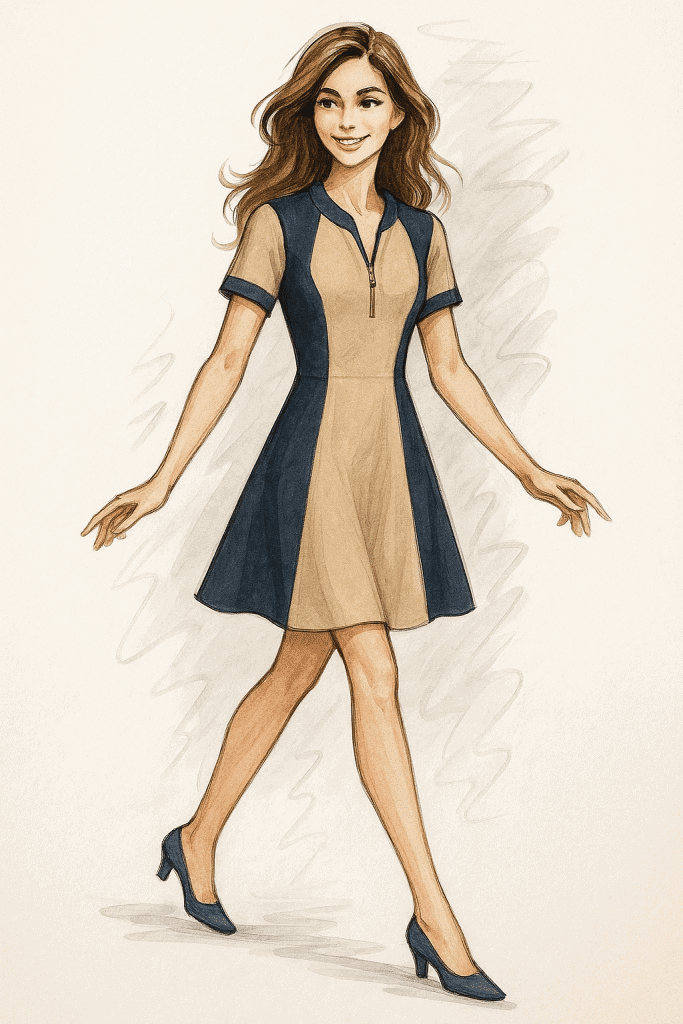 Hand-drawn fashion sketch of a petite mosaic dress on a model, highlighting the airy and feminine silhouette.