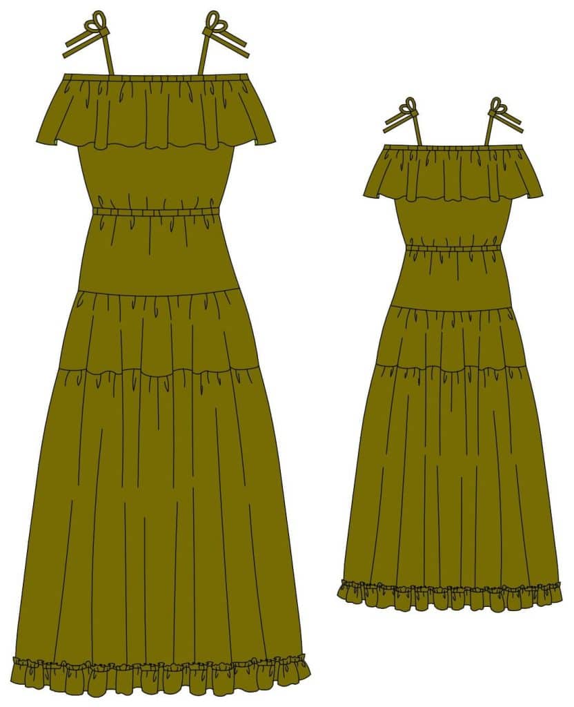 Technical flat sketch of the Amaria Dress sewing pattern