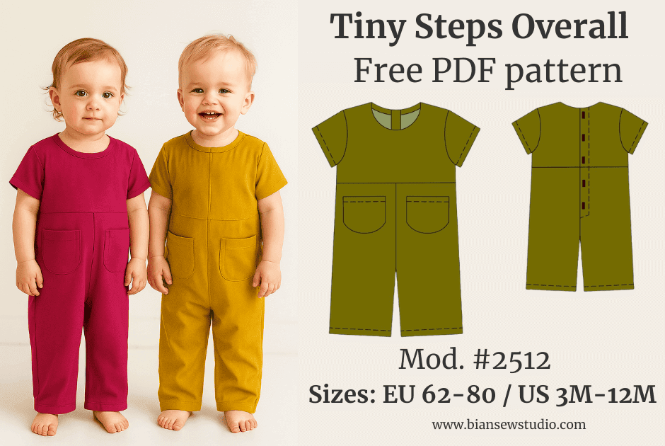 Baby boy and girl wearing handmade Tiny Steps Overall romper in bright colors, free sewing pattern in sizes EU 62–80 / US 3M–12M.