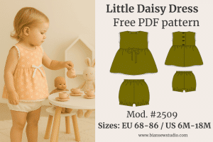 Dress and pants for baby – free PDF sewing pattern sizes EU 68-86 / US 6M-18M, with fashion photography and technical drawings.