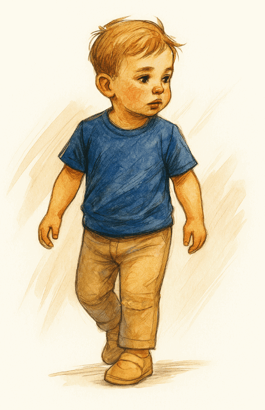 Fashion sketch of a little boy wearing Happy Hopper Pants and a simple T-shirt – sewing pattern design for babies and toddlers.