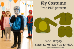 Photo of child wearing the Fly Costume to showcase the design. Next to it, the sewing pattern drawing of the garment is displayed. The image includes the text: Fly costume, Free PDF pattern, Mod. #2515, Sizes: [sizes EU: 98, 104, 110, 116, 122 and US 3T, 4T, 5, 6, 7].