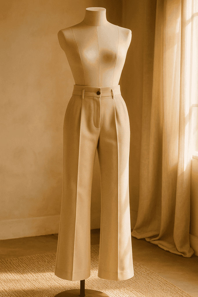 Photo of the finished Noir Pants on mannequin, sewn in sizes EU 34-44 / US 2-12, showing how the garment looks when made.