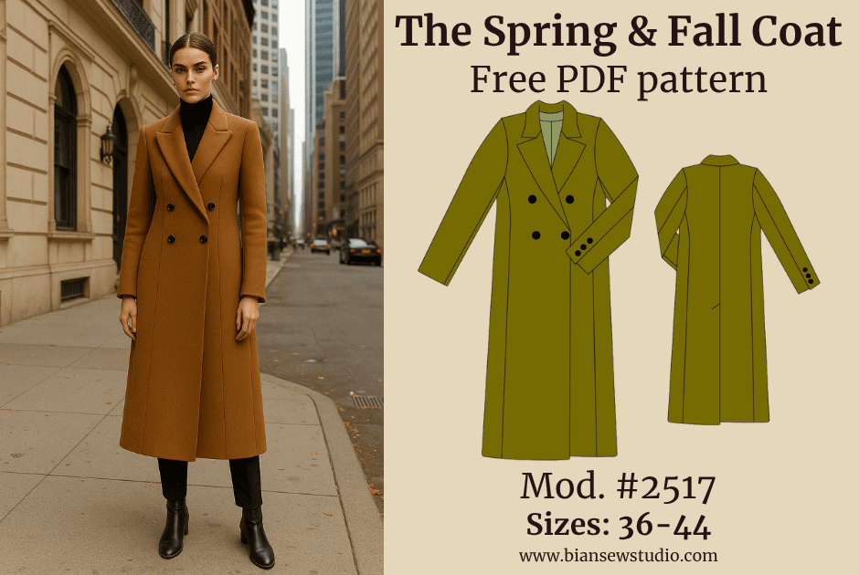 Photo of modell wearing the The Spring & Fall Coat to showcase the design. Next to it, the sewing pattern drawing of the garment is displayed. The image includes the text: The Spring & Fall Coat, Free PDF pattern, #2517 Sizes: 36-44.