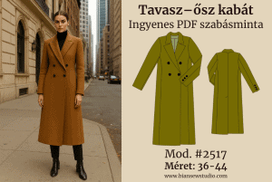 Fotó modellről, aki a Tavasz – ősz kabát viselik a bemutatáshoz. Mellette látható a kabát szabásminta rajza. A képen szerepel a felirat: Tavasz – ősz kabát, Ingyenes szabásminta, #2517 Méret: 36-44.