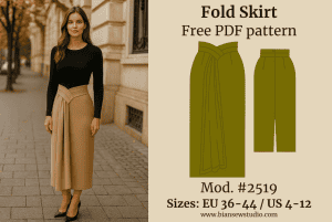 Photo of modell wearing the Fold Skirt to showcase the design. Next to it, the sewing pattern drawing of the garment is displayed. The image includes the text: Fold Skirt , Free PDF pattern, #2519 Sizes: EU 36–44 / US 4–12.