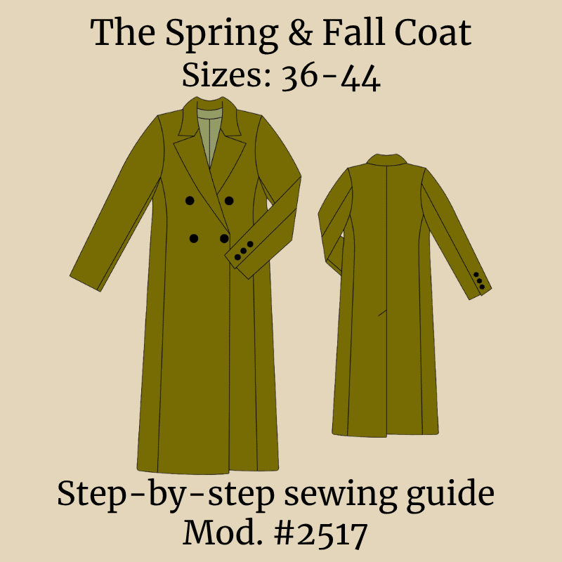 Technical drawing of the The Spring & Fall Coat baby sewing pattern for adult, sizes 36-44, with the name and description displayed on the image.