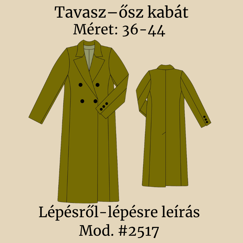 A Tavasz – ősz kabát baba/gyerek szabásminta műszaki rajza, méret: 36-44, a képen a név és a leírás látható.