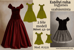 Fotó modellről, aki a Sikkes Sziluett szett viselik a bemutatáshoz. Mellette látható a szabásminta rajza. A képen szerepel a felirat: Sikkes Sziluett szett, Ingyenes szabásminta, #2521 Méret: EU 42–50 / US 12–20.