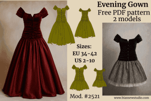 Photo of modell wearing the Evening Gown to showcase the design. Next to it, the sewing pattern drawing of the garment is displayed. The image includes the text: Evening Gown, Free PDF pattern, #2521 Sizes: EU 42–50 / US 12–20.