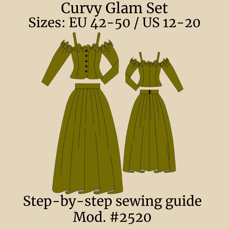 Technical drawing of the Curvy Glam Set sewing pattern for adult, sizes EU 42–50 / US 12–20, with the name and description displayed on the image.