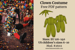 Fotó modellről, aki a Bohóc jelmez viselik a bemutatáshoz. Mellette látható a szabásminta rajza. A képen szerepel a felirat: Bohóc jelmez, Ingyenes szabásminta, #2602 Méret: EU 116-140 / US children’s sizes 6-10.