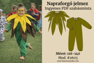 Fotó modellről, aki a Napraforgó jelmez viselik a bemutatáshoz. Mellette látható a szabásminta rajza. A képen szerepel a felirat: Napraforgó jelmez, Ingyenes szabásminta, #2603 Méret: EU 116-140 / US children’s sizes 6-10.
