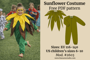 Fotó modellről, aki a Napraforgó jelmez viselik a bemutatáshoz. Mellette látható a szabásminta rajza. A képen szerepel a felirat: Napraforgó jelmez, Ingyenes szabásminta, #2603 Méret: EU 116-140 / US children’s sizes 6-10.