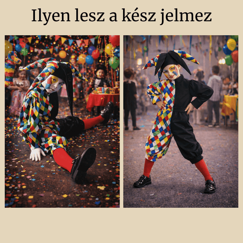 A szabásmintából megvarrt Bohóc jelmez ruhadarab fotója, méret: EU 116-140 / US children’s sizes 6-10, amely bemutatja, hogyan néz ki a kész ruhadarab.
