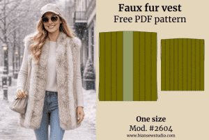 Photo of modell wearing the Faux fur vest to showcase the design. Next to it, the sewing pattern drawing of the garment is displayed. The image includes the text: Faux fur vest, Free PDF pattern, #2604 Sizes: One size.